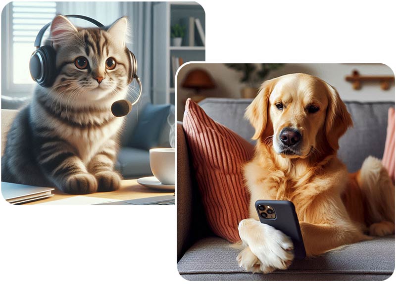 A cat at a desk wearing a headset and a dog on the couch looking at a smart phone