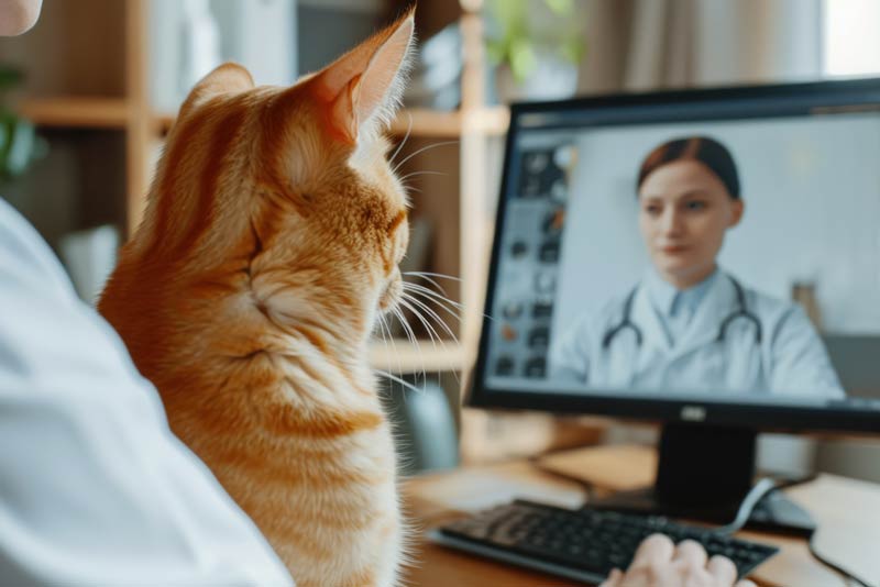 Person with a cat on their lap looking at computer screen with vet video call