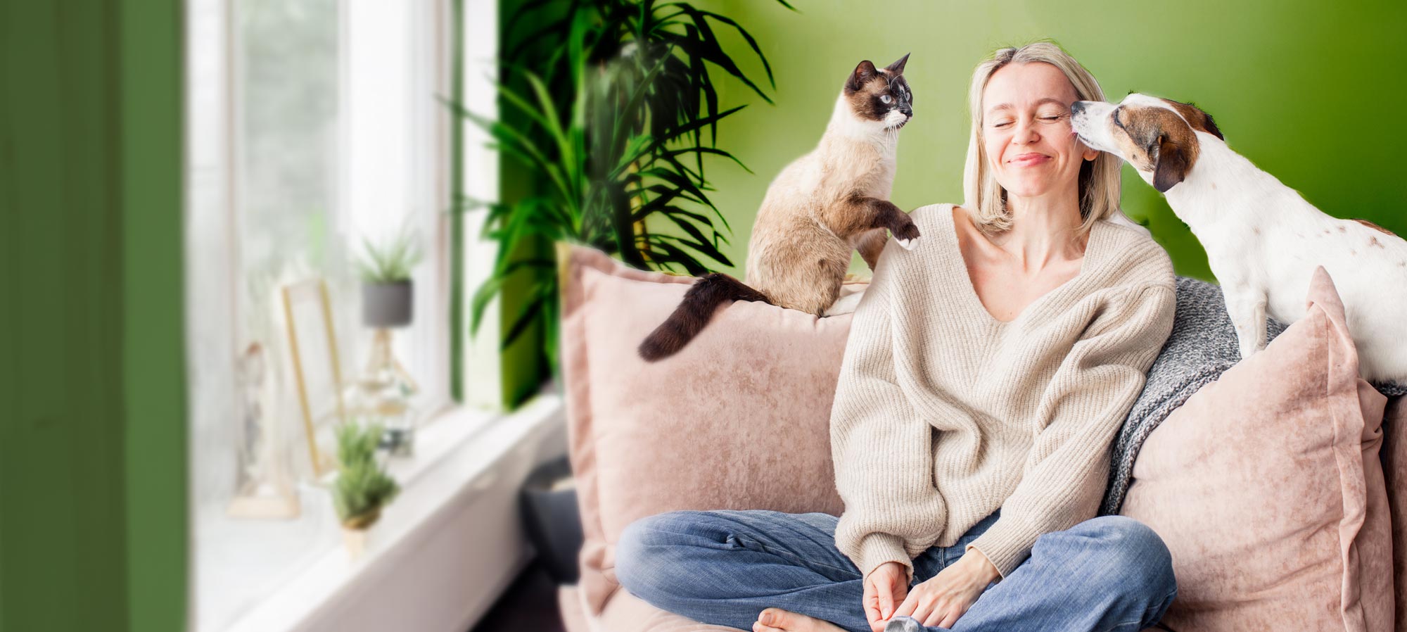 Smiling woman on a couch with a playful cat on her left and an affectionate dog on her right