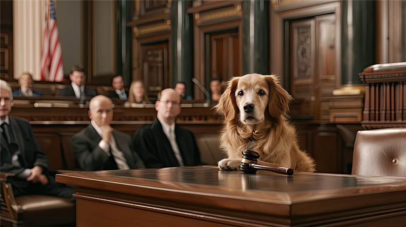 A golden lab sitting in a court of law